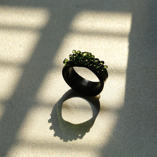 Handmade Chunky Glass Ring, Green Moss Bubble Ring, Black Lampwork Band, Goblincore Witchy Jewelry, Unique Statement Ring