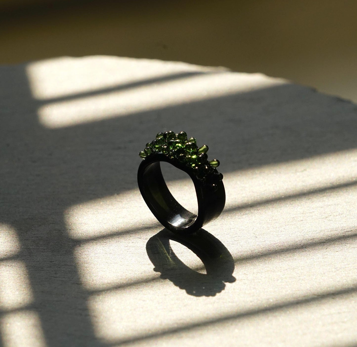 Handmade Chunky Glass Ring, Green Moss Bubble Ring, Black Lampwork Band, Goblincore Witchy Jewelry, Unique Statement Ring