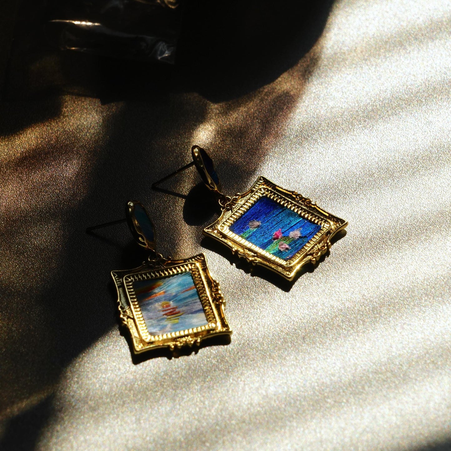 Monet Inspired Earrings, Mismatched Painting Jewelry with Feather Art, Statement Dangle, Unique Artist Gift