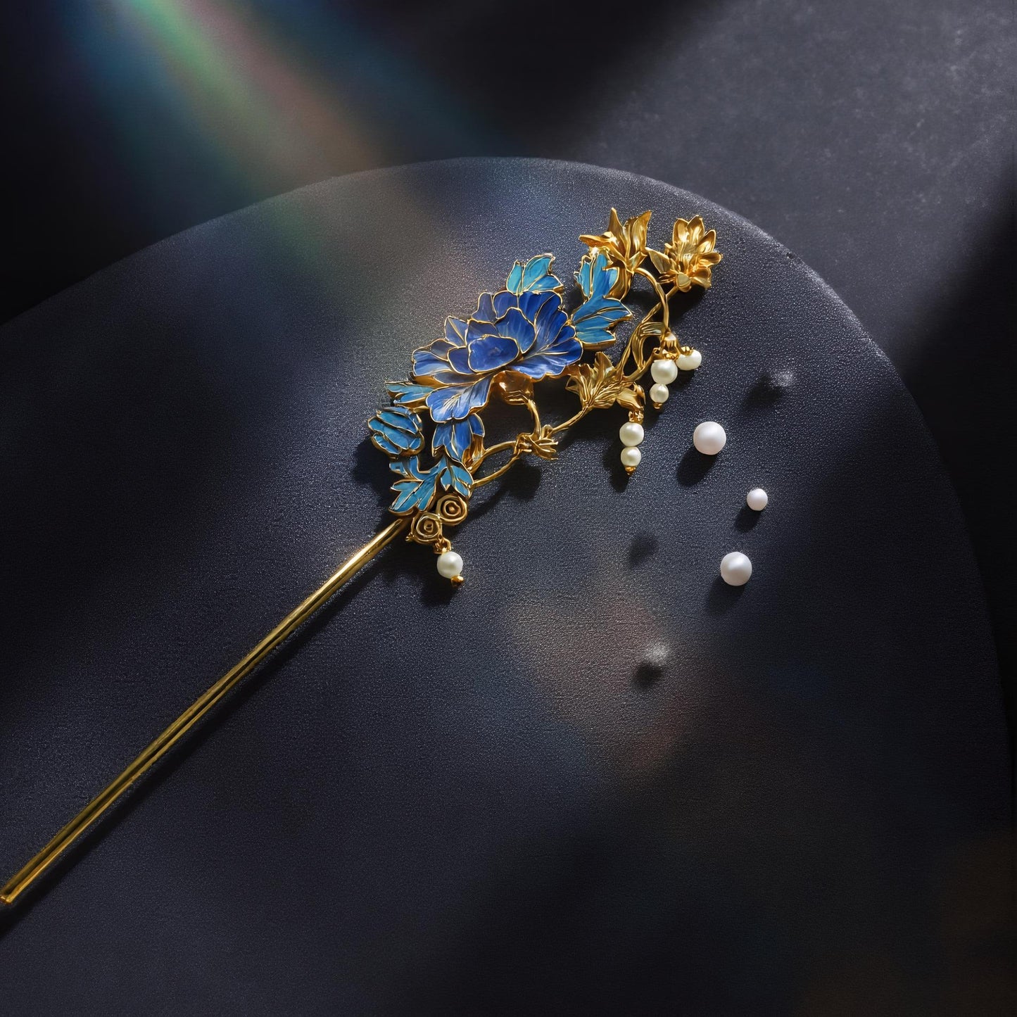Artisan Floral Hair Pin with Feather & Pearls, Statement Hairpiece, Special Occasion Updo, Dian Cui/ Tian Tsui Art