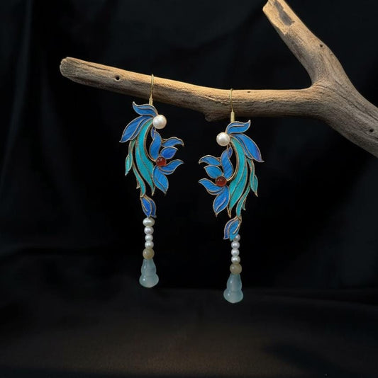 Blue Iris Flower Drop Earrings, Feather Art Nouveau Jeweley, Vintage Style Orchid Dangle, Unique Artisan Gift for Her