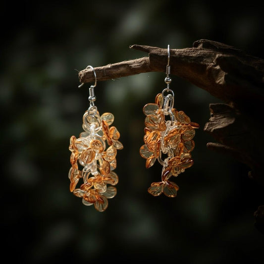 Handmade Glass Flower Earrings, Lampwork Orange Cluster Dangle, Unique Botanical Statement Jewelry