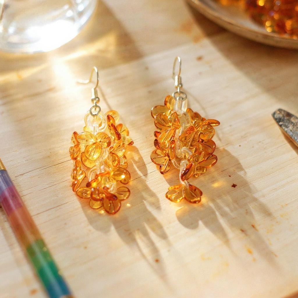 Handmade Glass Flower Earrings, Lampwork Orange Cluster Dangle, Unique Botanical Statement Jewelry