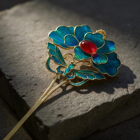 Dian Cui Butterfly Hairpin with Red Agate, Vintage Floral Hair Stick, Art Piece Gift for Her