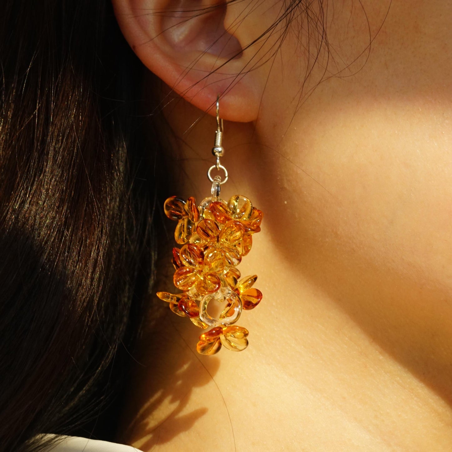 Handmade Glass Flower Earrings, Lampwork Orange Cluster Dangle, Unique Botanical Statement Jewelry