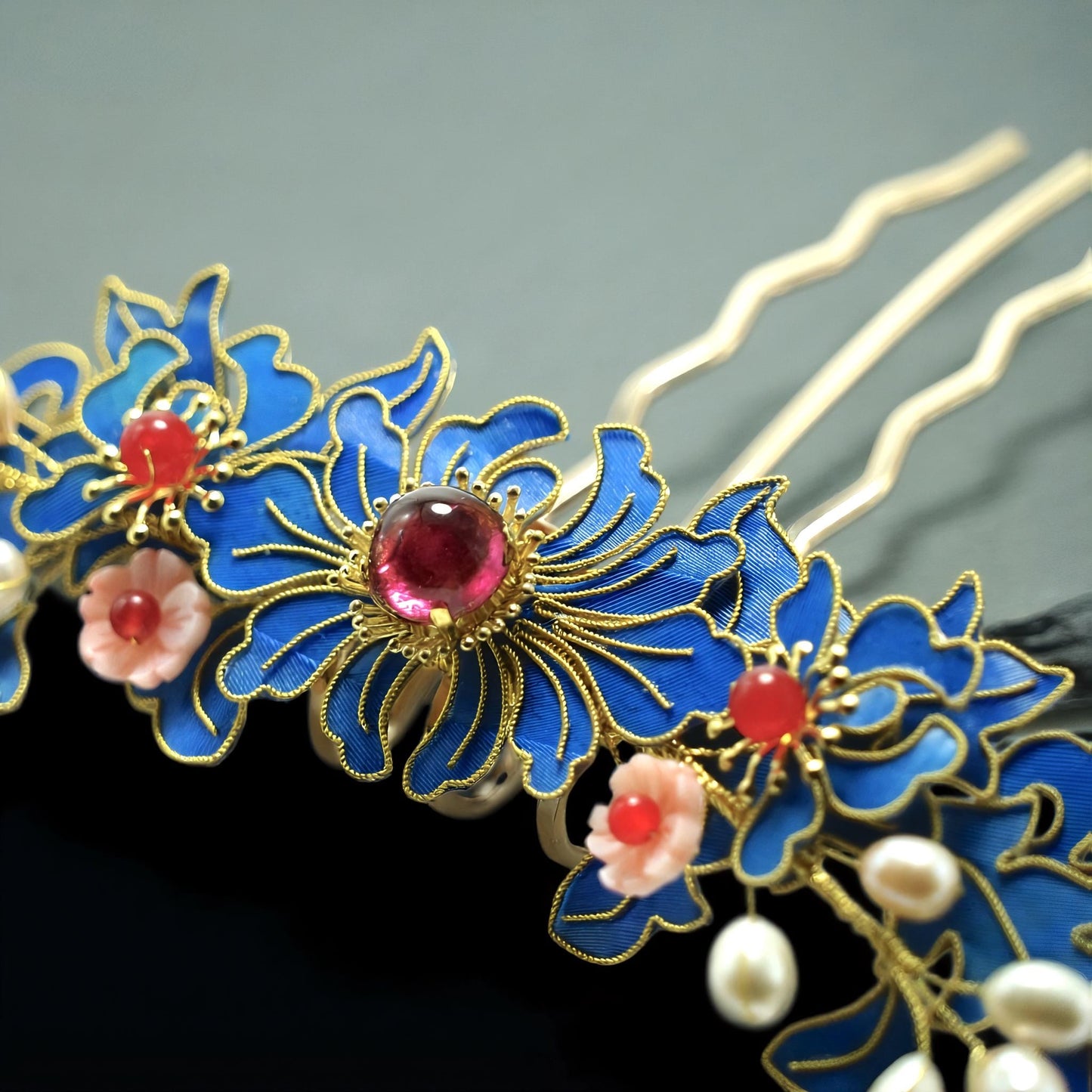 Elaborate Blue Flower Hair Comb, Vintage Style Art Pin with Pearls & Agate