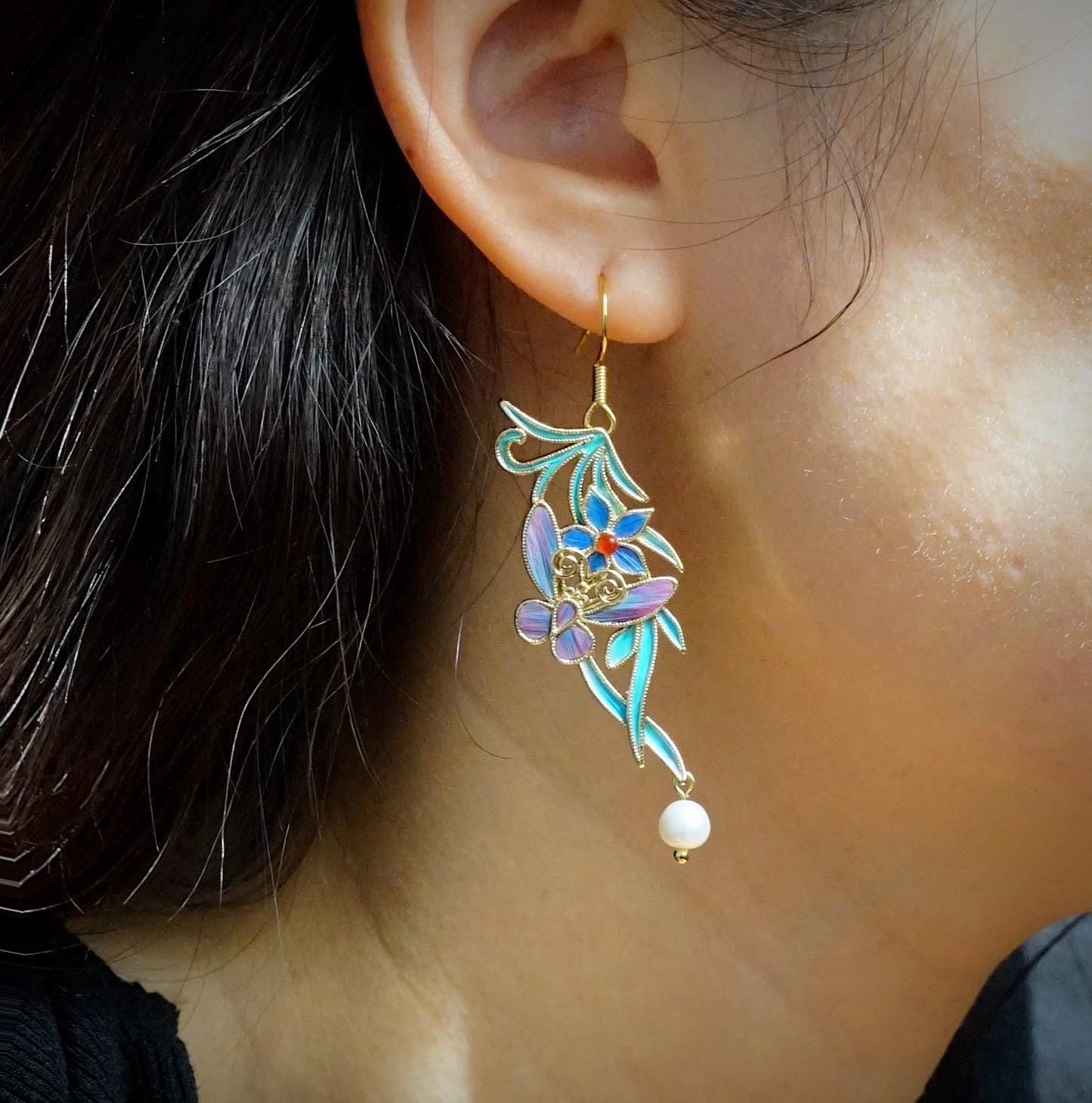Enchanted Garden Earrings with Butterfly & Pearl, Floral Statement Dangle, Wearable Art, Unique Gift for Her