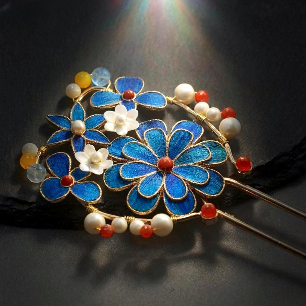 Exquisite Floral Hair Pin, Fine Peacock Feather Art, Classic Chinoiserie Jewelry, Statement Gemstone Hairpiece