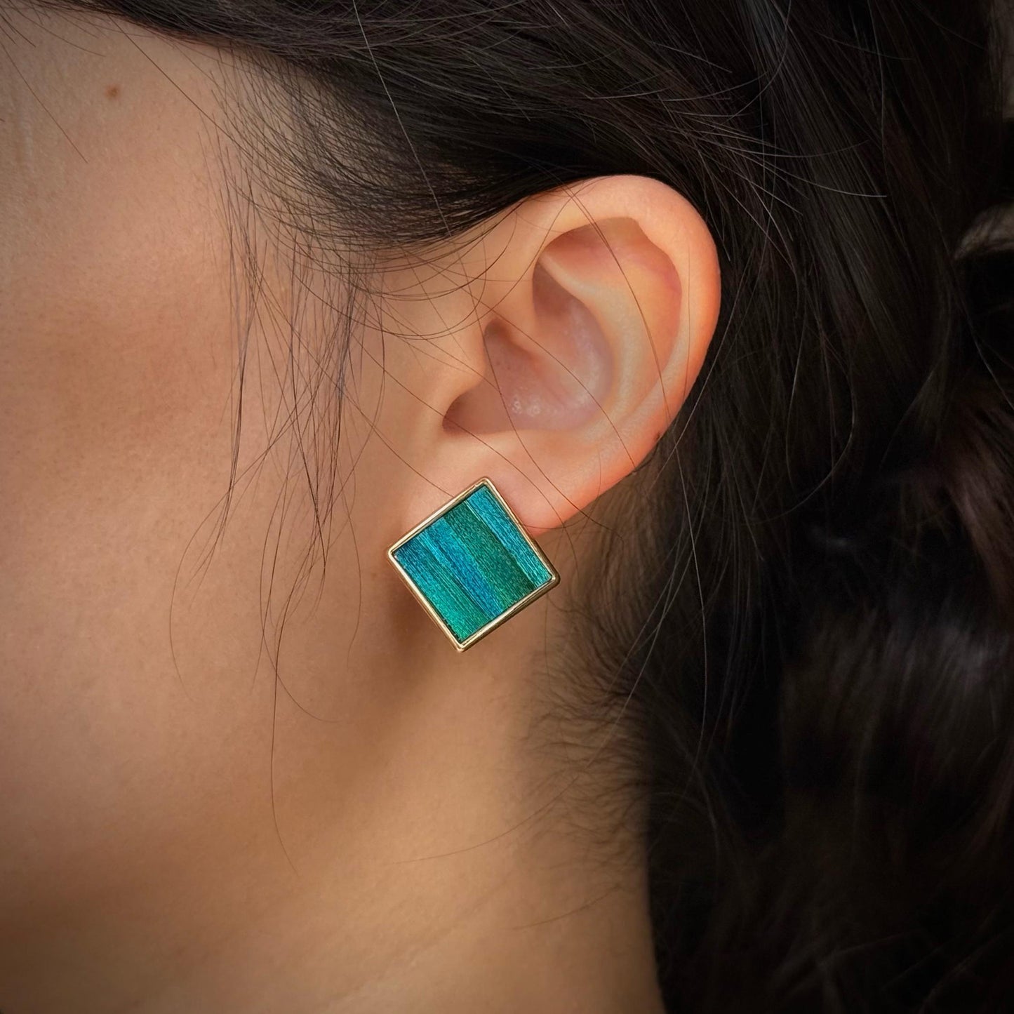 Minimalist Gold Peacock Feather Earrings, Modern Art Deco Studs, Square Dian Cui Jewelry, Elegant Gift for Her