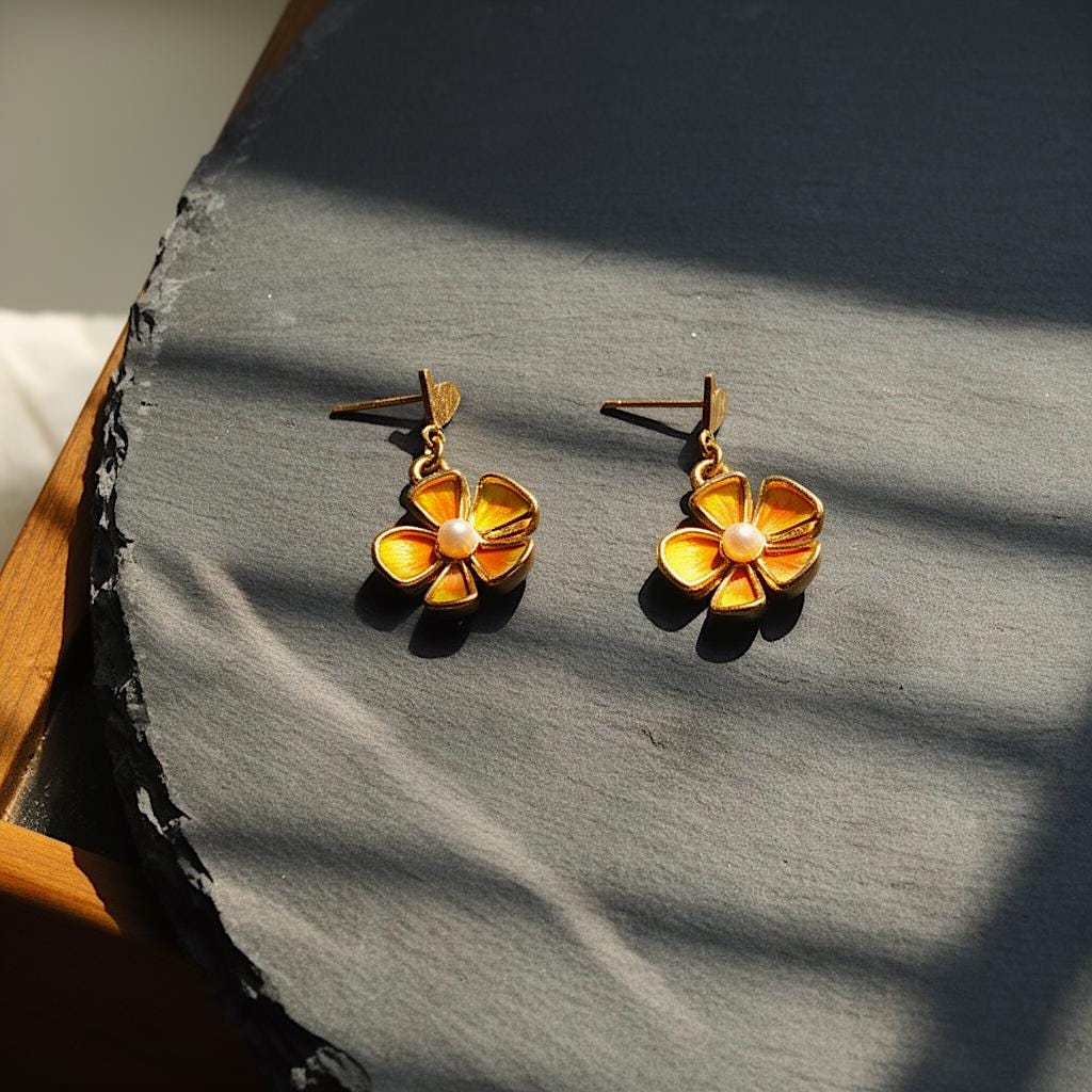Golden Flower Earrings with Pearl & Feather, Vintage Style Dian Cui Floral Dangle, Unique Artisan Jewelry Gift for Her
