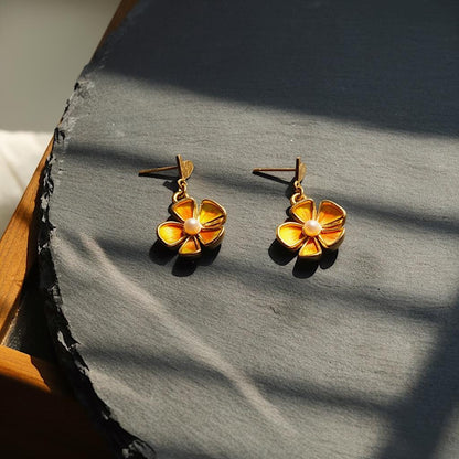 Pearl & Feather Flower Earrings