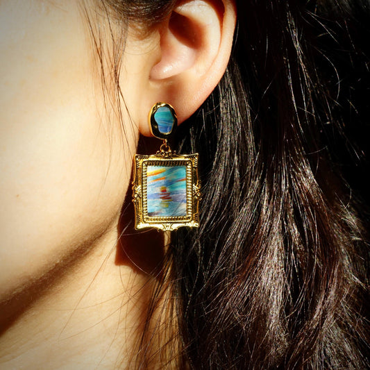 Monet Inspired Earrings, Mismatched Painting Jewelry with Feather Art, Statement Dangle, Unique Artist Gift