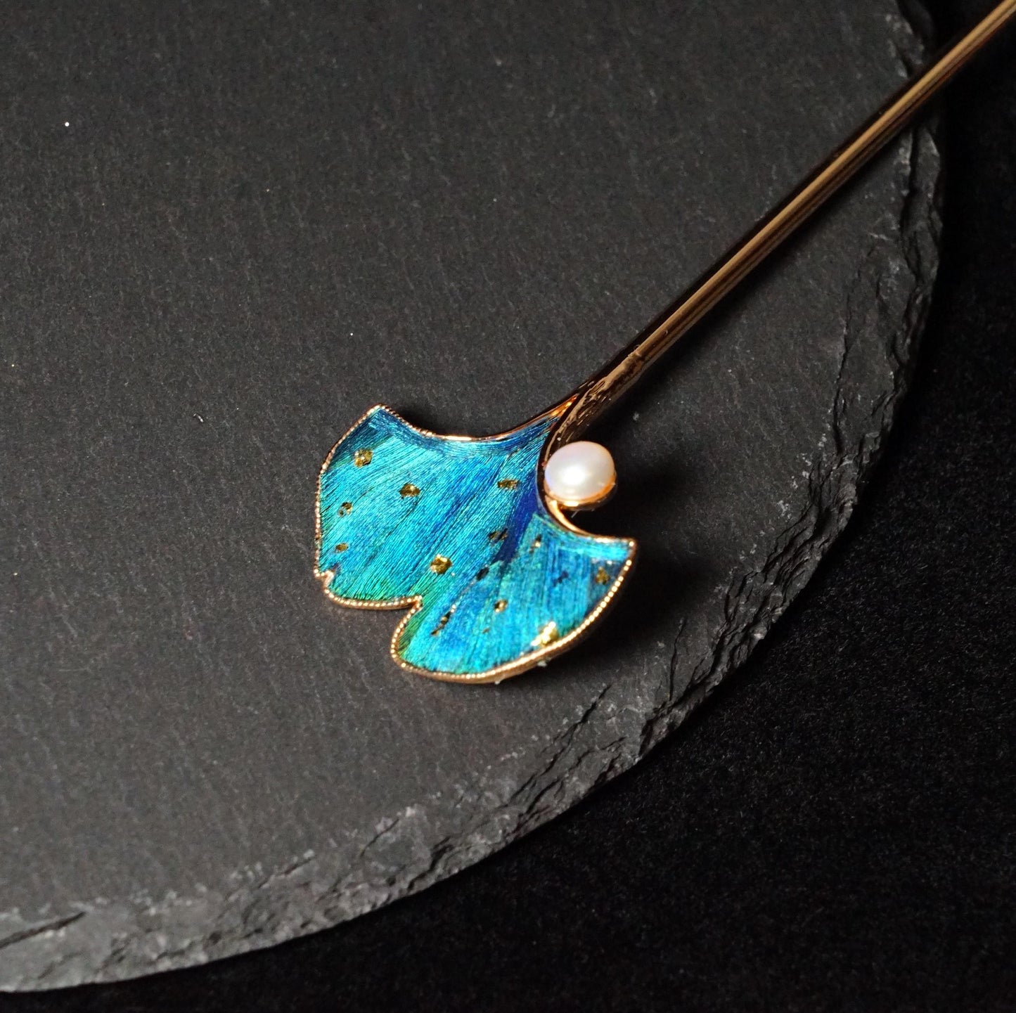Blue Ginkgo Leaf Hair Stick, Peacock Feather Hairpin, Gold Leaf & Pearl Jewelry, Art Nouveau Botanical, Meaningful Gift for Her
