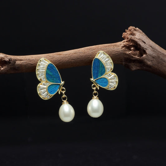 Butterfly Earrings with Pearl, Peacock Feather, Vintage Statement Jewelry
