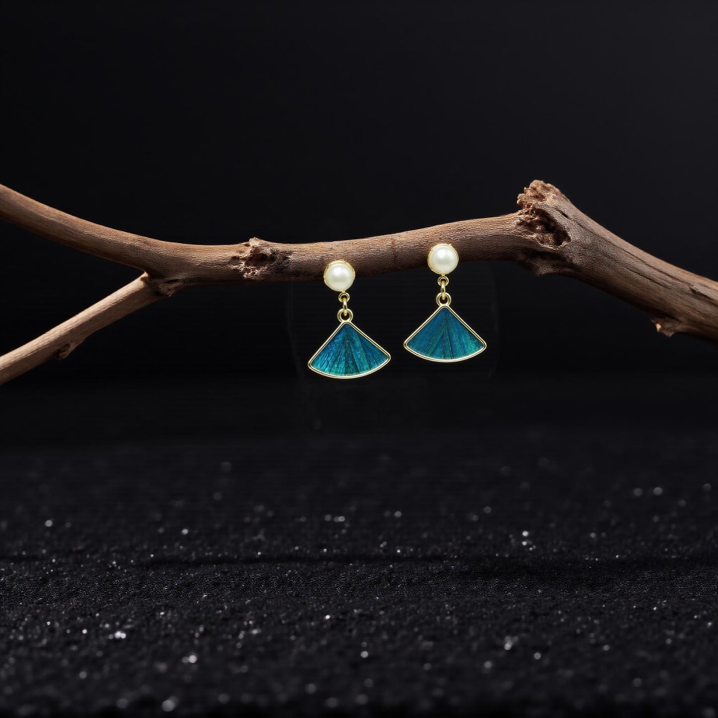 Fan Earrings with Peacock Feather & Pearl, Gold Statement Jewelry, Vintage Inspired Gift for Her