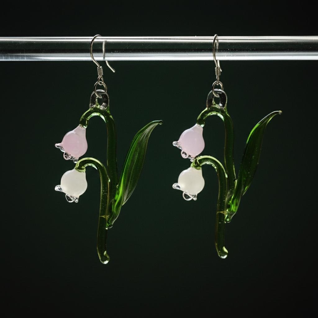 Handmade Lily of the Valley Earrings, Lampwork Glass Flower Dangle, Pink & White Bell, Gift For Her