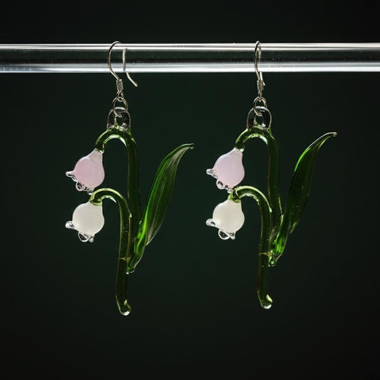 Handmade Lily of the Valley Earrings, Lampwork Glass Flower Dangle, Pink & White Bell, Gift For Her