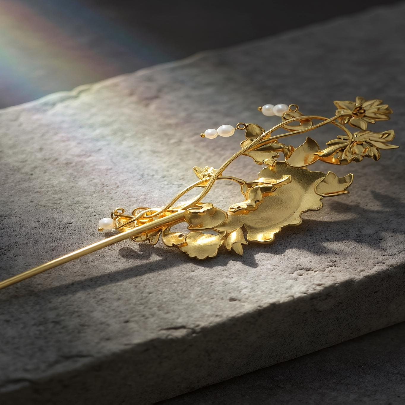Vintage Floral Hairpin with Pearls, Dian Cui / Tian Tsui Art, Artisan Statement Jewelry, Art Piece Gift for Her