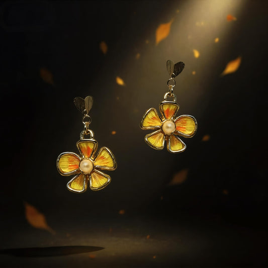Golden Flower Earrings with Pearl & Feather, Vintage Style Dian Cui Floral Dangle, Unique Artisan Jewelry Gift for Her