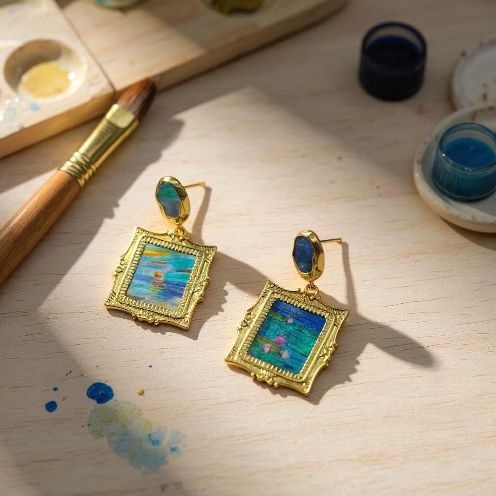 Monet Inspired Earrings, Mismatched Painting Jewelry with Feather Art, Statement Dangle, Unique Artist Gift