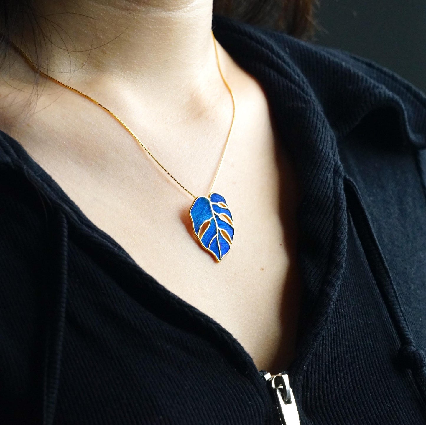 Monstera Leaf Pendant Necklace With Peacock Feather, Good Luck Charm, Unique Botanical Art Gift