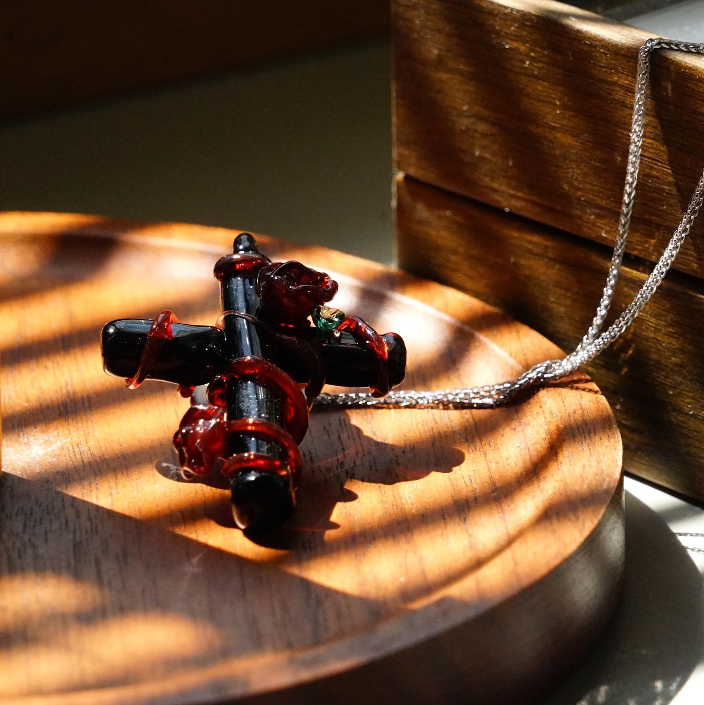 Vampire Goth Cross Necklace, Bleeding Rose Thorn Pendant, Lampwork Glass Black Red Jewelry, Dark Romantic Whimsigoth Gift