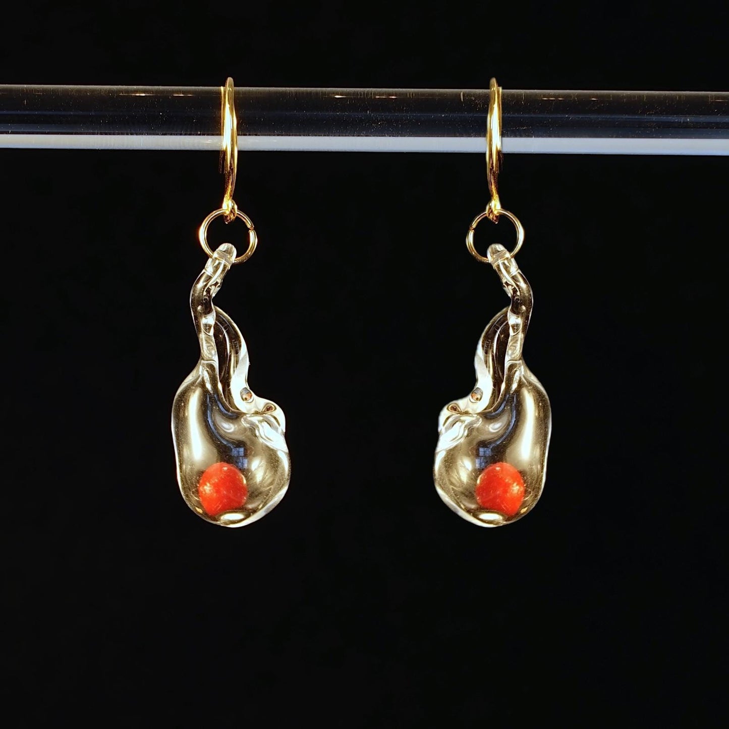 Christmas Bauble Lampwork Glass Earrings, Red & Green Orb Teardrop Dangles, Gold Plated 925 Silver Gift
