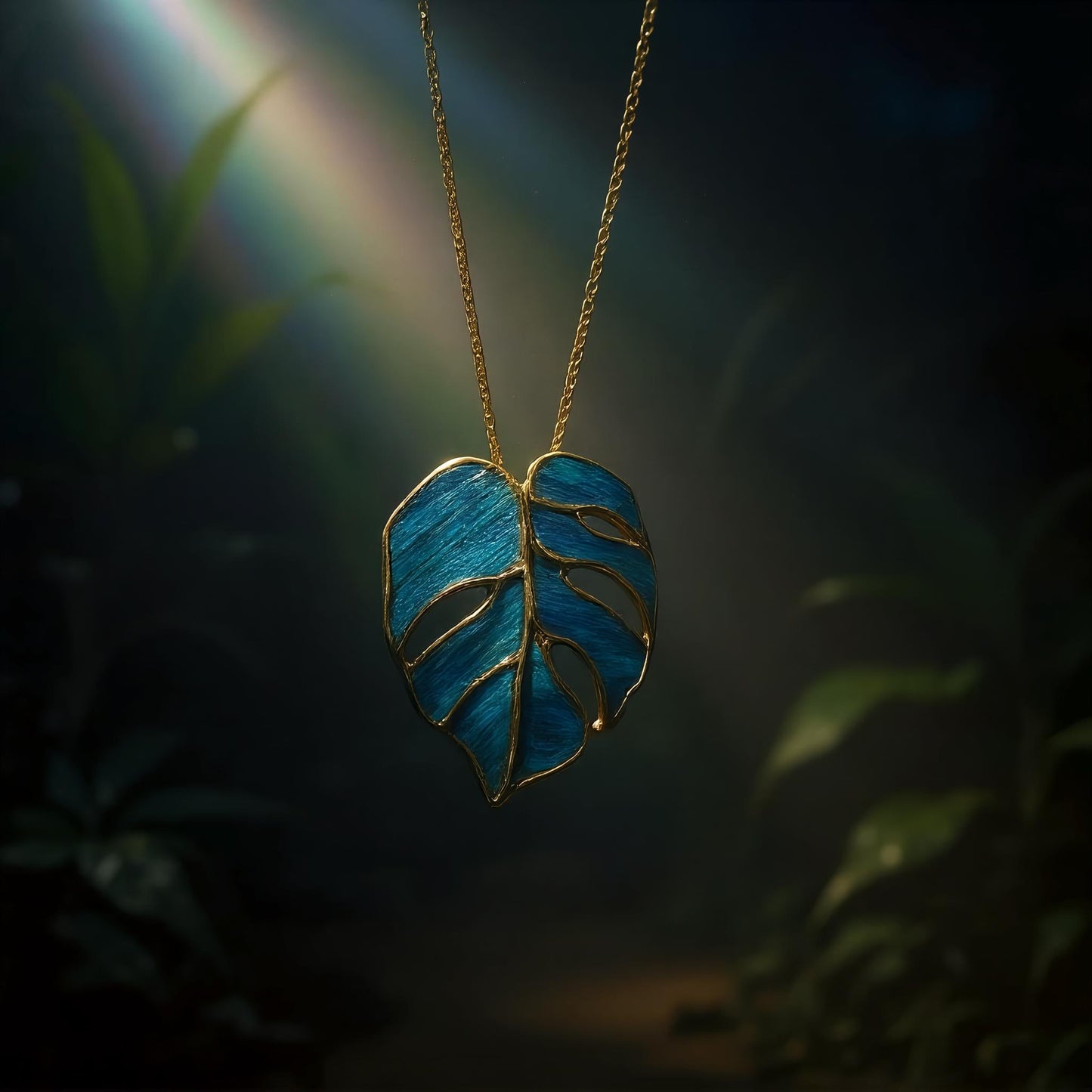 Monstera Leaf Pendant Necklace With Peacock Feather, Good Luck Charm, Unique Botanical Art Gift