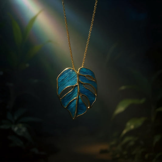Monstera Leaf Pendant Necklace With Peacock Feather, Good Luck Charm, Unique Botanical Art Gift