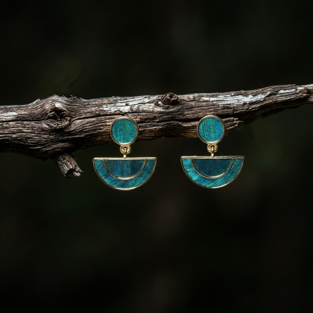 Teal Peacock Feather Inlay Earrings