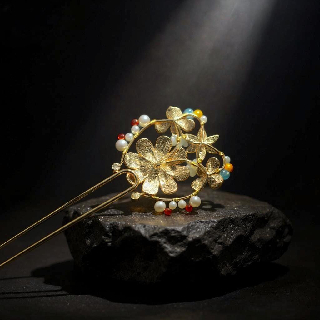 Exquisite Floral Hair Pin, Fine Peacock Feather Art, Classic Chinoiserie Jewelry, Statement Gemstone Hairpiece