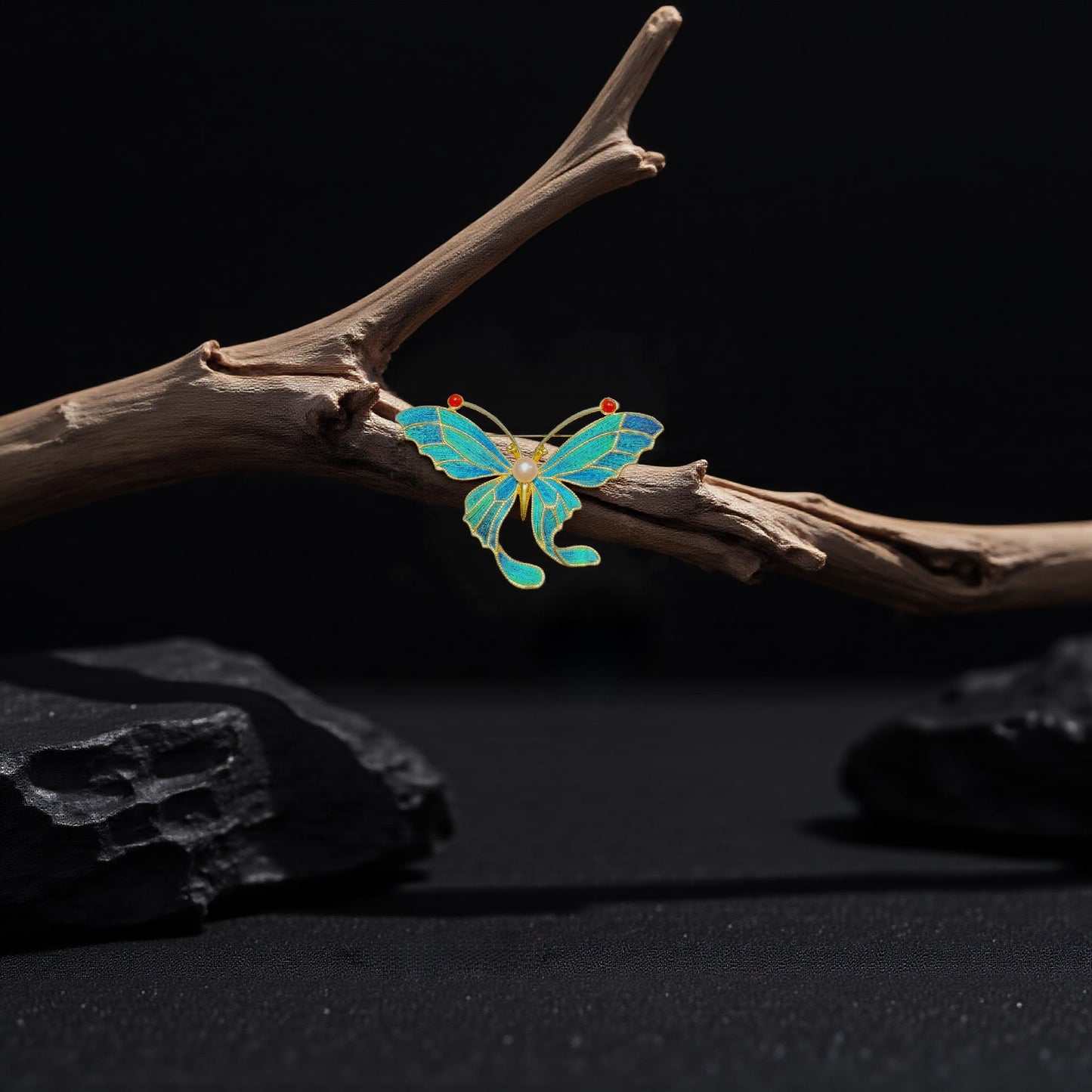 Butterfly Brooch With Pearl, Vintage Style Dian Cui/Tian Tsui Pin, Unique Christmas Gift
