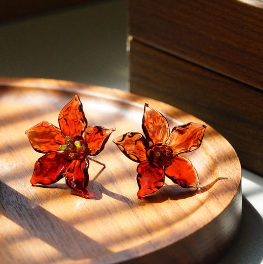 Red Flower Glass Stud Earrings, Lampwork Floral Bloom Jewelry, Unique Gift for Her