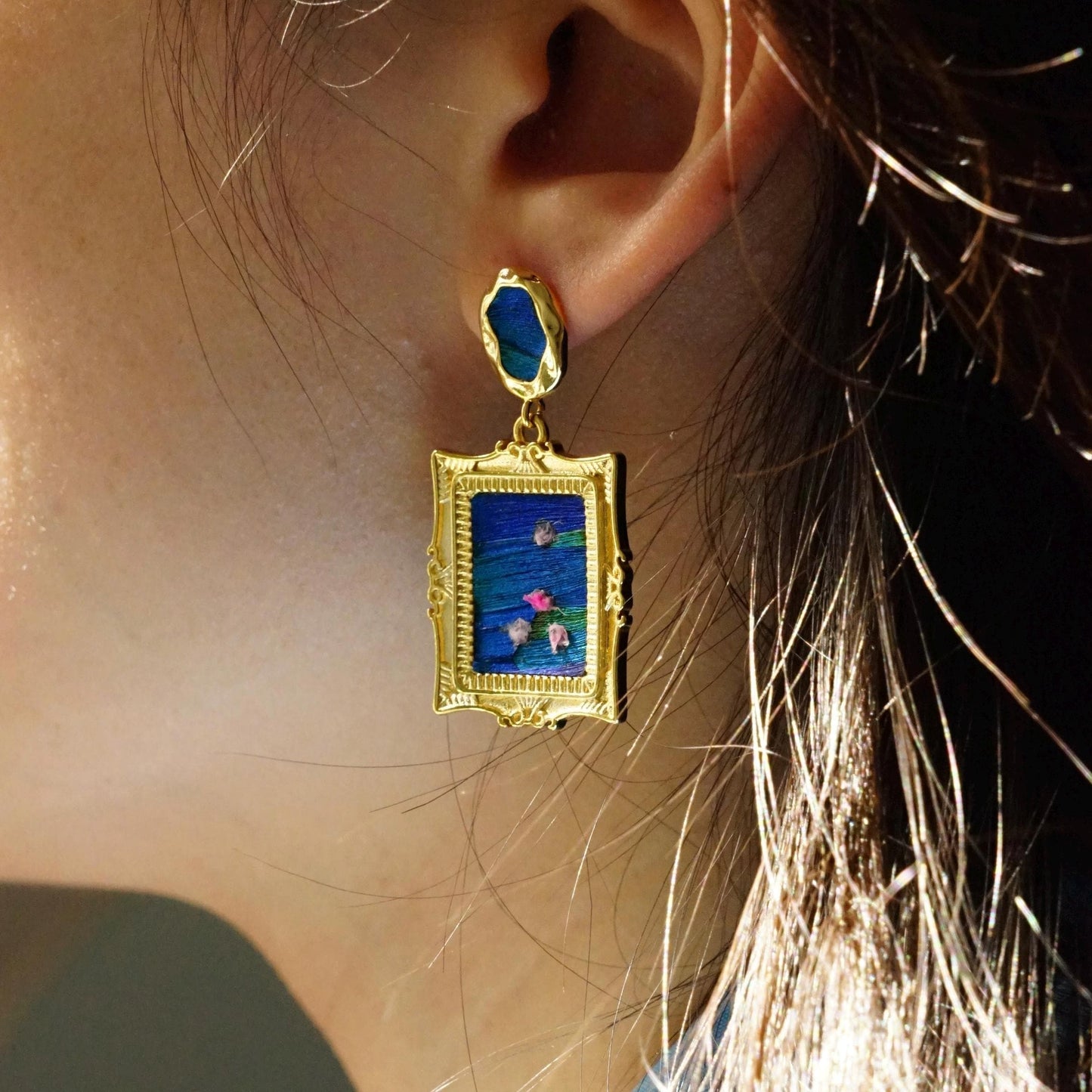 Monet Inspired Earrings, Mismatched Painting Jewelry with Feather Art, Statement Dangle, Unique Artist Gift