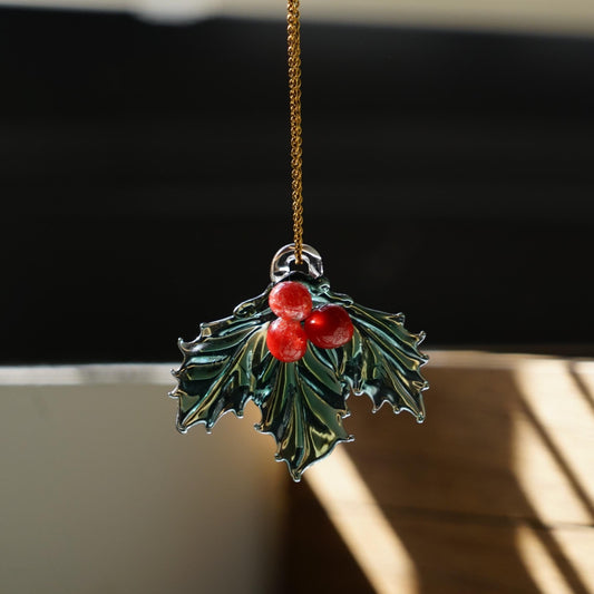 Christmas Holly Necklace, Lampwork Glass Mistletoe Pendant, Red Berry Yule Gift, Winter Solstice Charm
