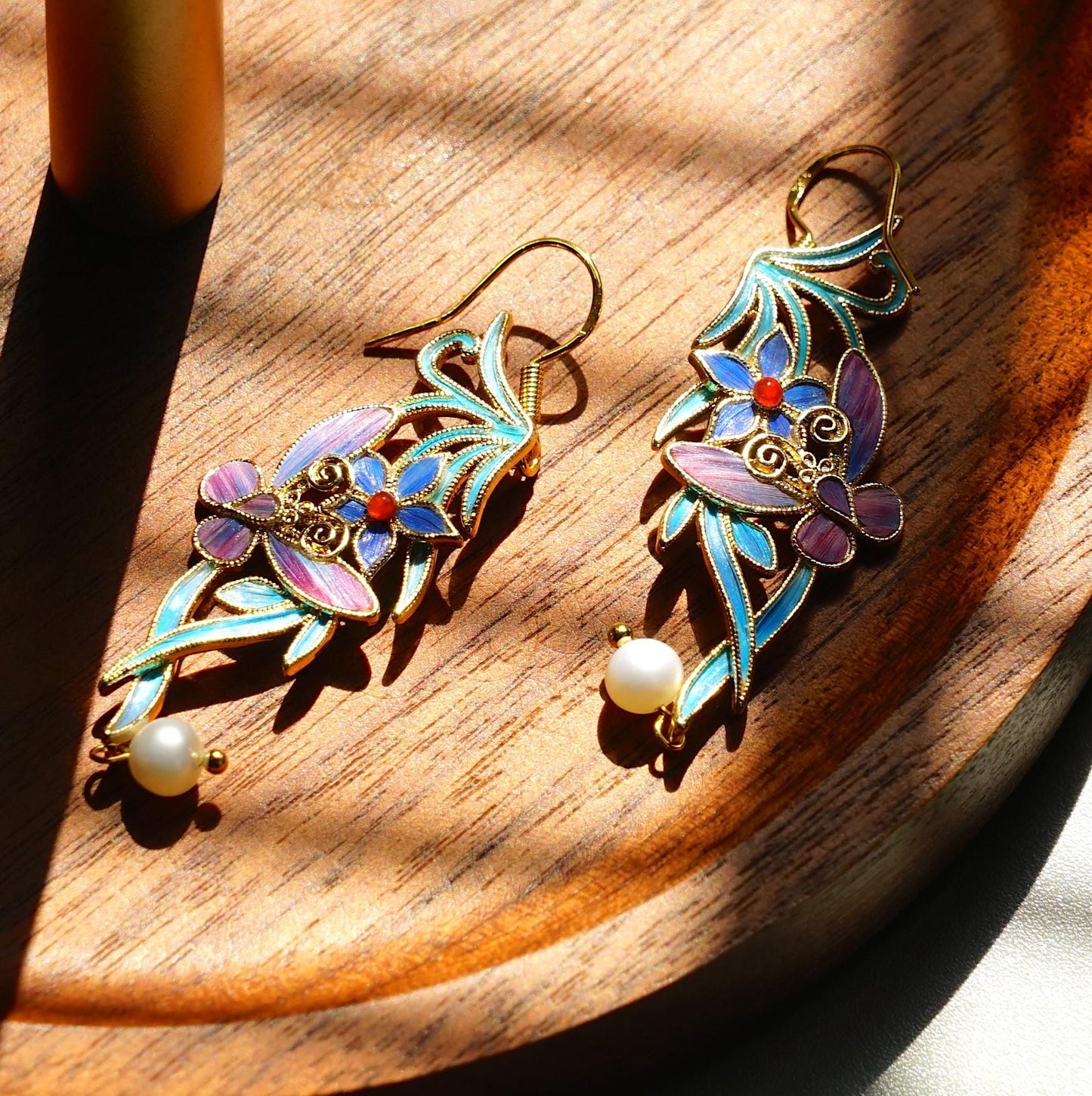 Enchanted Garden Earrings with Butterfly & Pearl, Floral Statement Dangle, Wearable Art, Unique Gift for Her