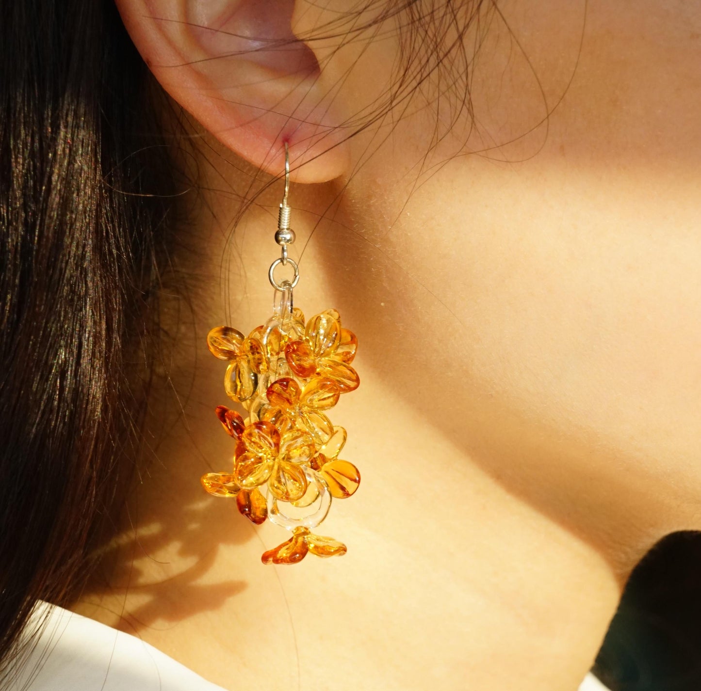 Handmade Glass Flower Earrings, Lampwork Orange Cluster Dangle, Unique Botanical Statement Jewelry