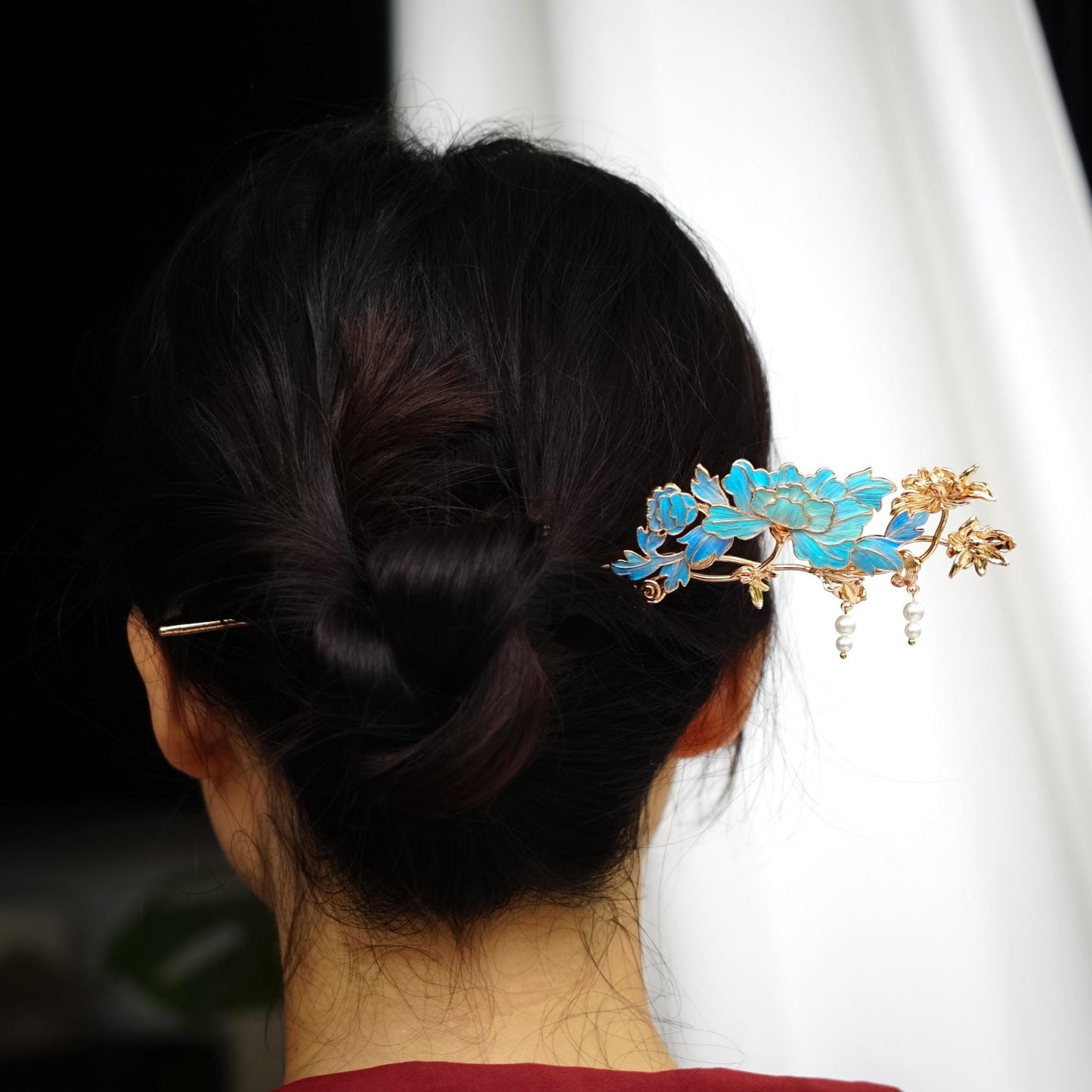 Vintage Floral Hairpin with Pearls, Dian Cui / Tian Tsui Art, Artisan Statement Jewelry, Art Piece Gift for Her
