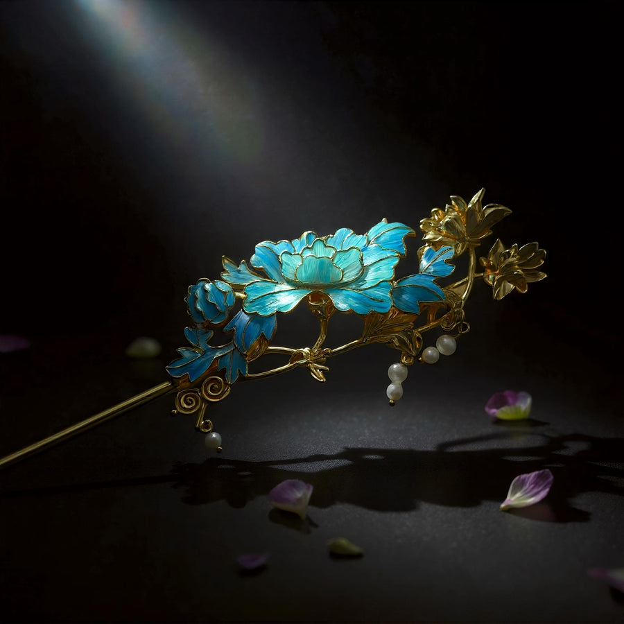 Peony Feather & Pearl Hairpin