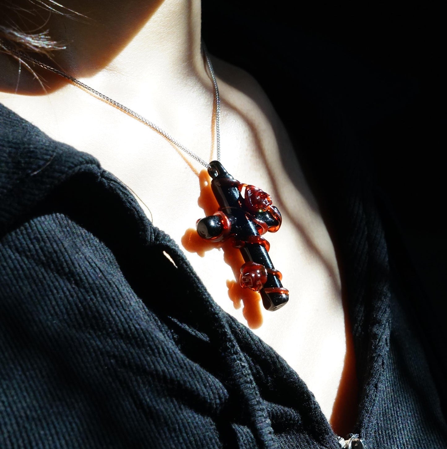 Vampire Goth Cross Necklace, Bleeding Rose Thorn Pendant, Lampwork Glass Black Red Jewelry, Dark Romantic Whimsigoth Gift