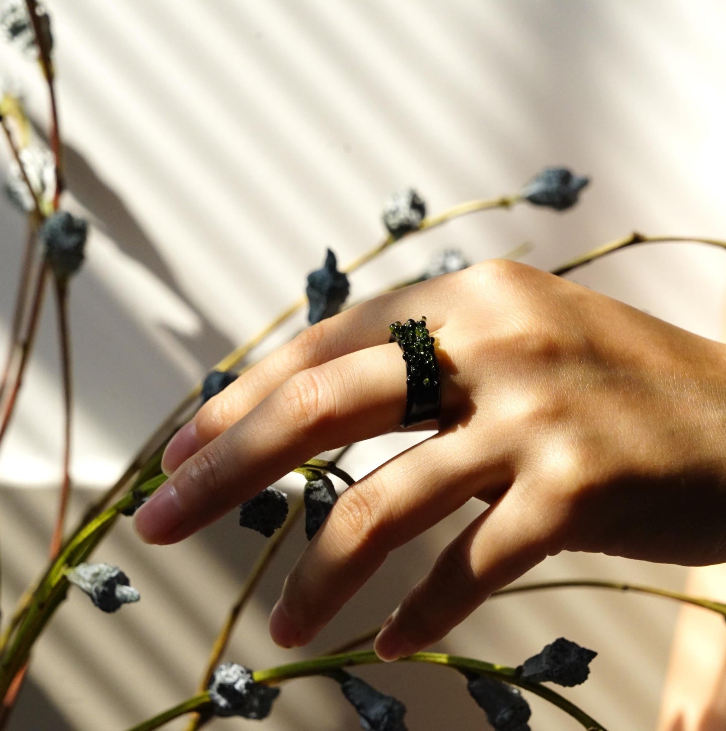 Handmade Chunky Glass Ring, Green Moss Bubble Ring, Black Lampwork Band, Goblincore Witchy Jewelry, Unique Statement Ring