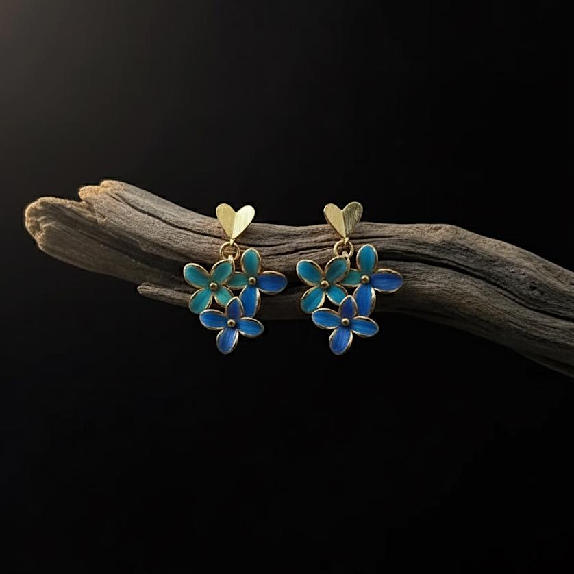 Blue Hydrangea Flower Stud Earrings, Feather Art Jewelry, Vintage Style Forget Me Not, Romantic Gold Heart Gift for Her