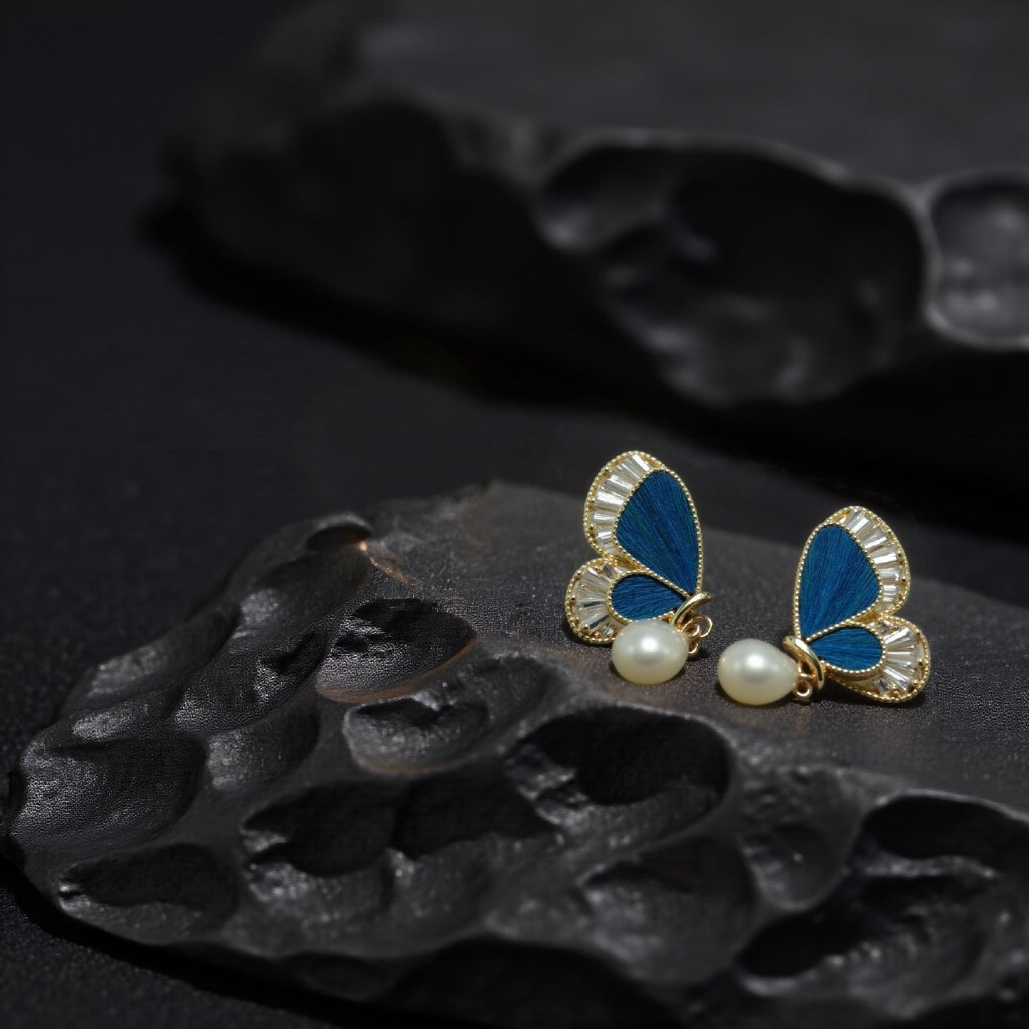Butterfly Earrings with Pearl, Peacock Feather, Vintage Statement Jewelry