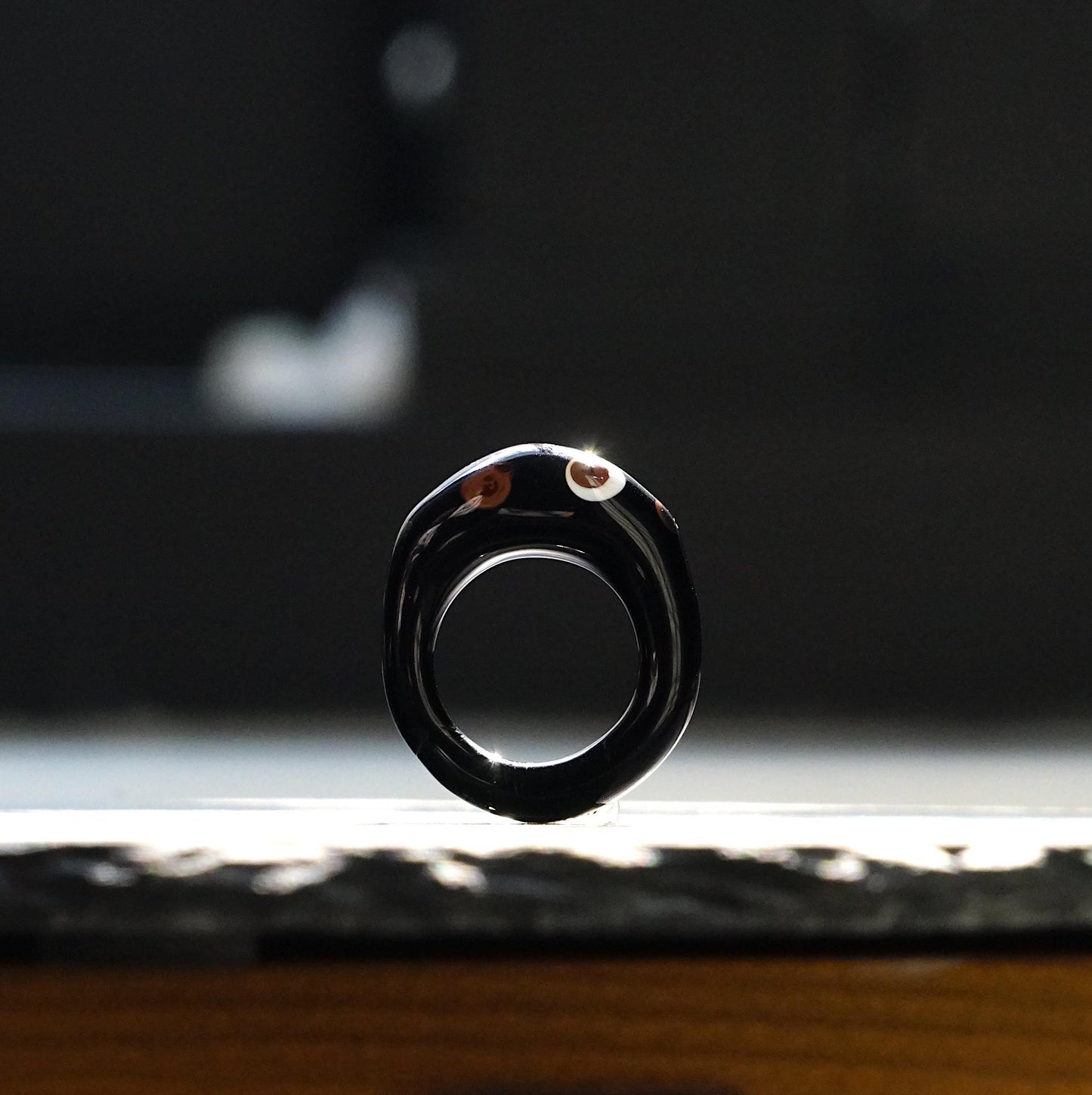 Handmade Black Glass Ring, Chunky Murano Glass Ring, Retro Tortoise Shell Style, Evil Eye Polka Dot, Unique Gift for Her