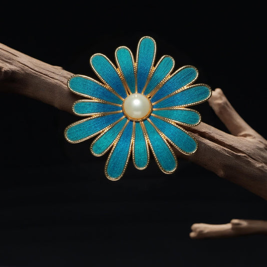 Daisy Brooch With Pearl, Fine Peacock Feather Art, Handmade Flower Jewelry, Unique Christmas Gift