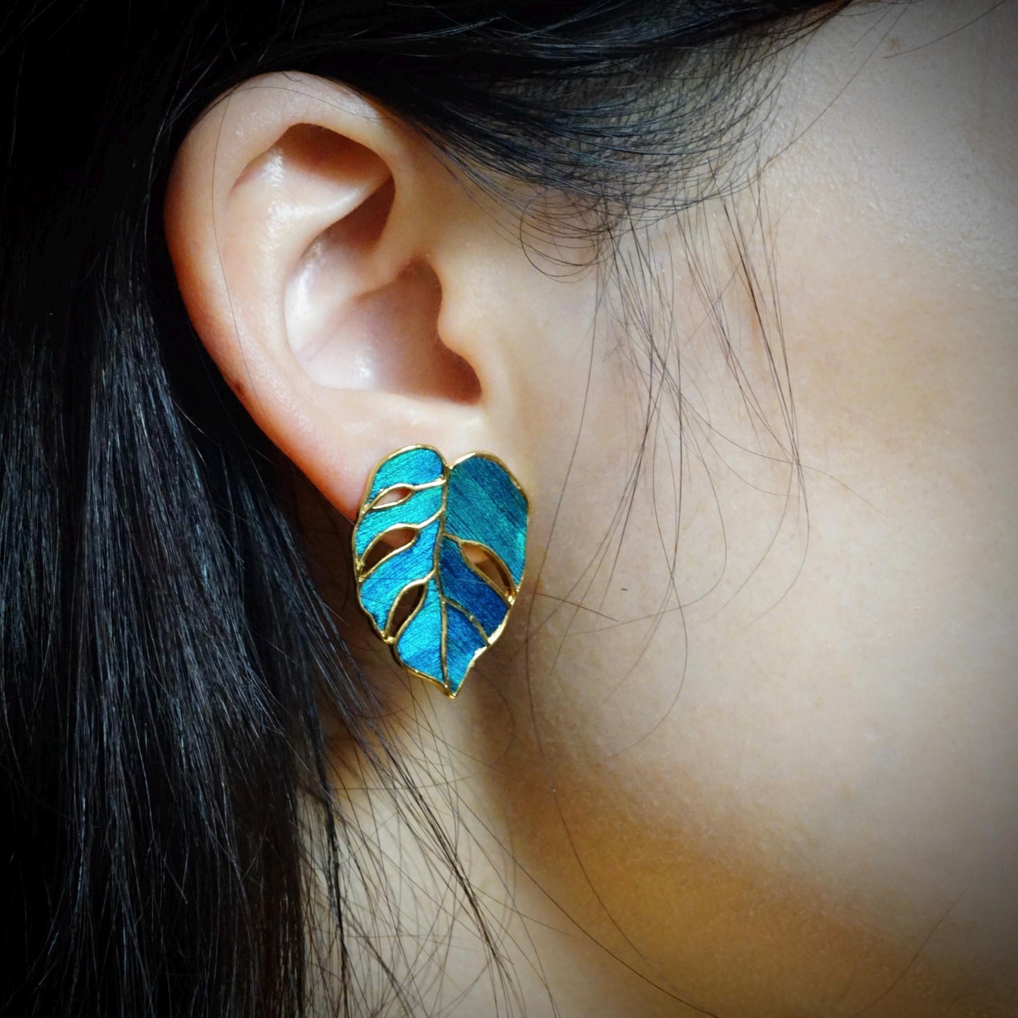 Monstera Leaf Earrings With Peacock Feather, Good Luck Charm, Unique Botanical Art Gift