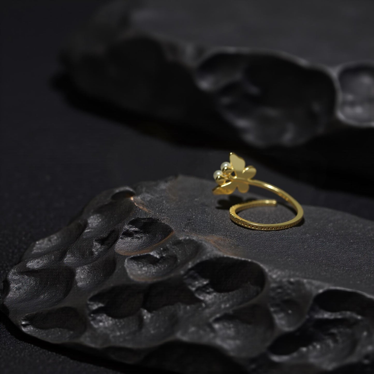 Butterfly Ring: Peacock Blue Feather, Gold Vine, Zircon - Adjustable