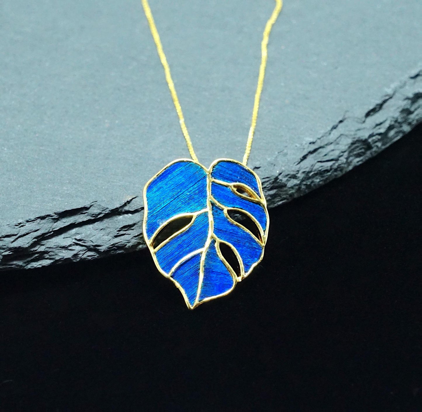 Monstera Leaf Pendant Necklace With Peacock Feather, Good Luck Charm, Unique Botanical Art Gift