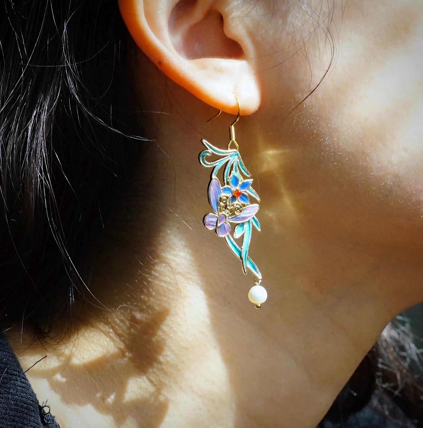 Enchanted Garden Earrings with Butterfly & Pearl, Floral Statement Dangle, Wearable Art, Unique Gift for Her