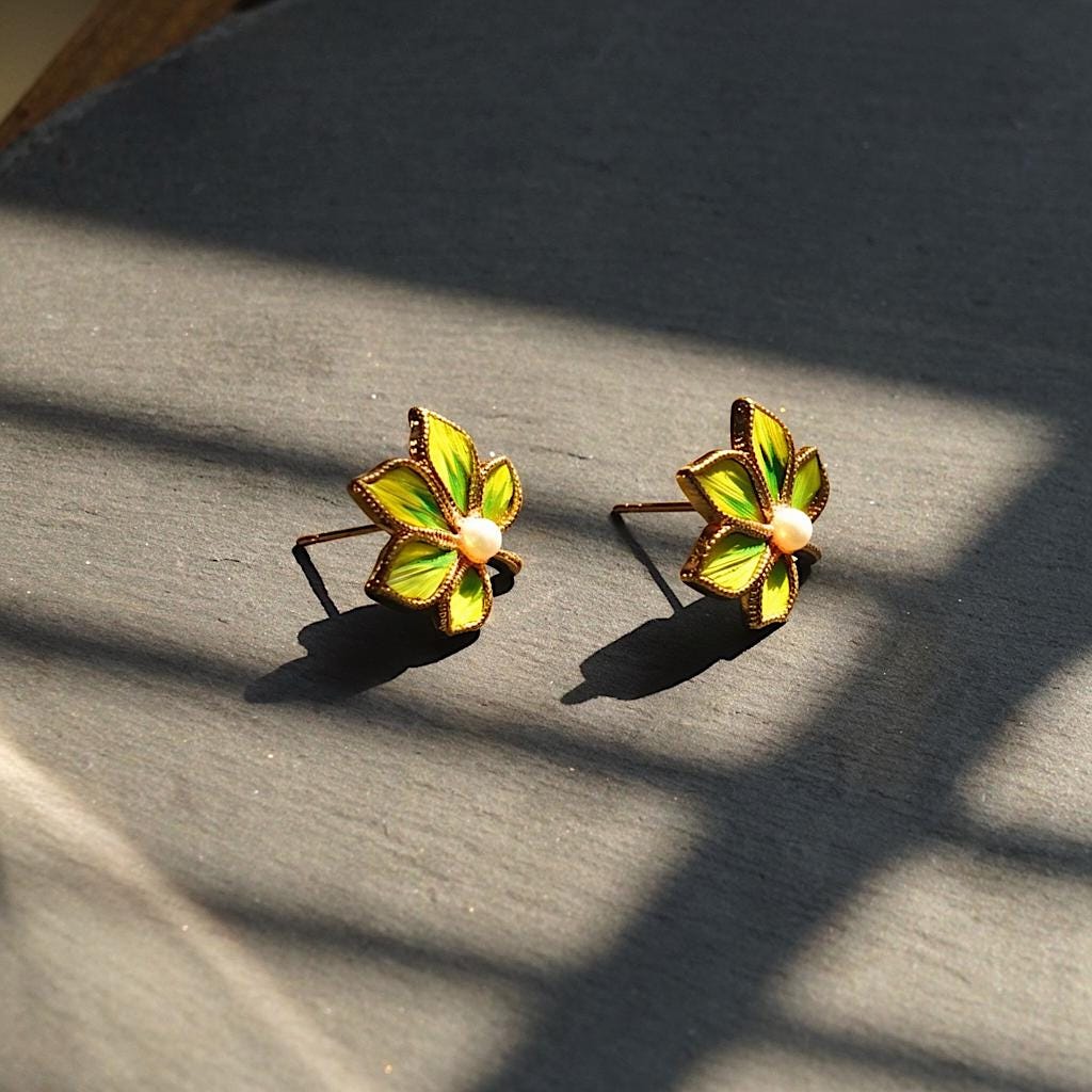 Green Maple Leaf Stud Earrings with Feather & Pearl, Handmade Botanical Jewelry, Unique Nature Gift for Her